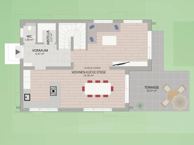 Grundriss des Erdgeschosses mit offenem Wohn-Kochbereich, Gäste-WC und direktem Zugang zur Terrasse.