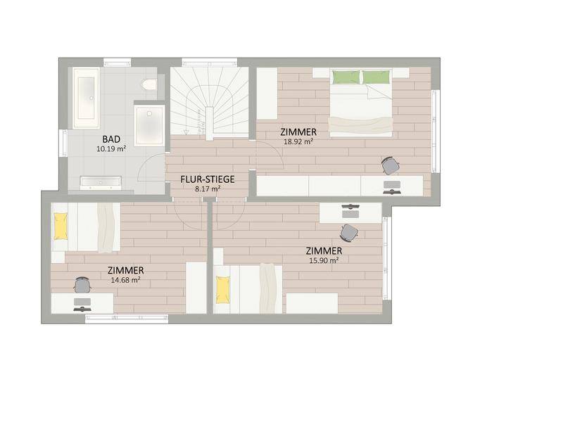 Grundriss des Obergeschosses mit drei Schlafzimmern und einem geräumigen Badezimmer mit Badewanne und Dusche.