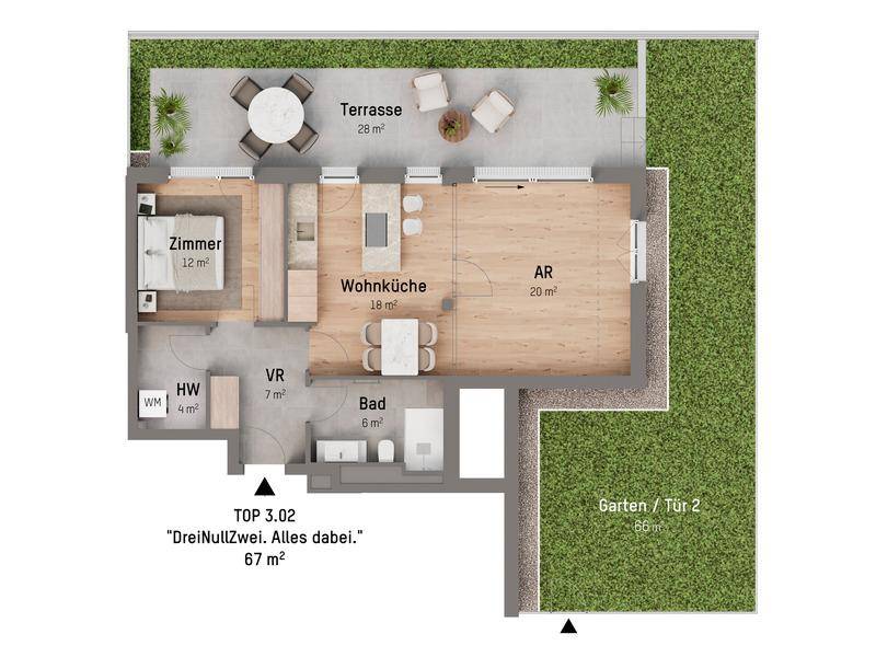 Grundriss einer Wohnung mit offener Wohnküche, Schlafzimmer, Bad, Terrasse und direktem Gartenzugang.