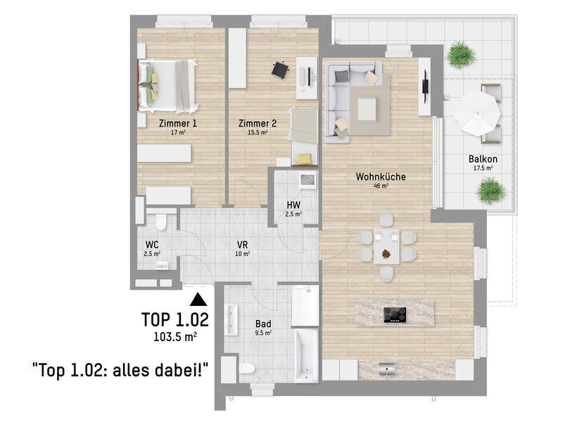 Detaillierter Grundriss einer Wohnung mit drei Zimmern, Wohnküche, Bad und Balkon.