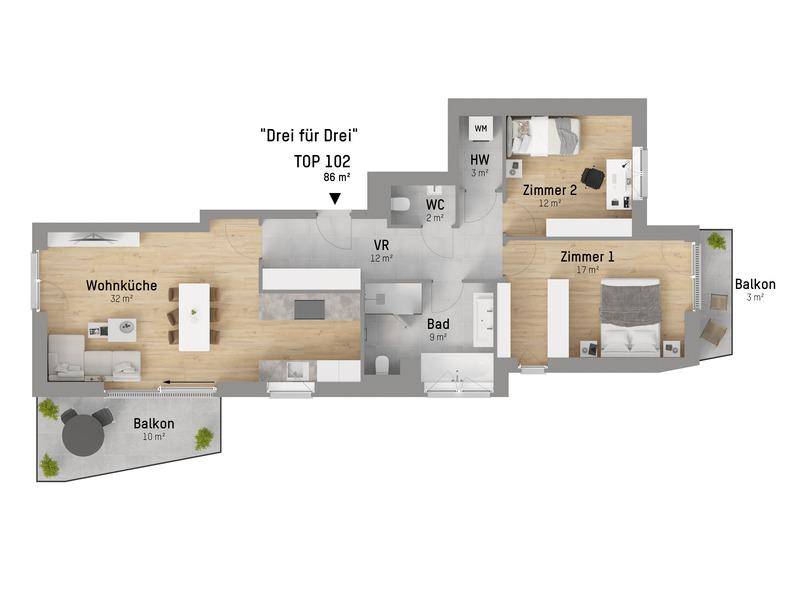 Grundriss der Wohnung Top 102 mit 86 m², Wohnküche, zwei Schlafzimmern und zwei Balkonen.