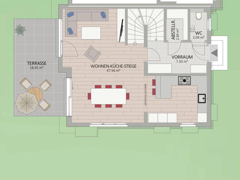 Grundriss des Erdgeschosses mit offenem Wohn-Küchenbereich, Treppe und direktem Zugang zur Terrasse.