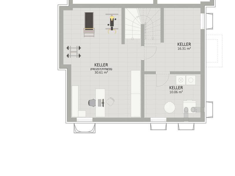 Grundriss des Kellergeschosses mit Fitnessbereich, Abstellräumen und praktischer Waschküche.