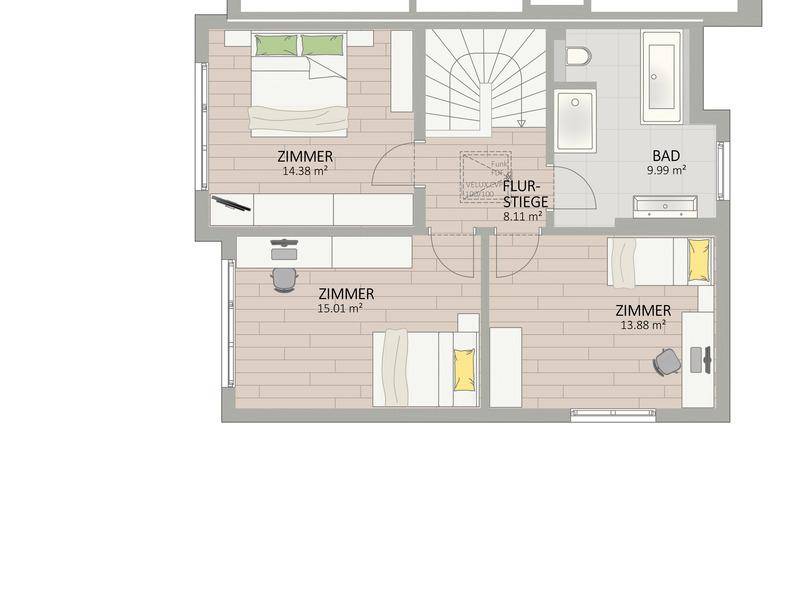Grundriss des Obergeschosses mit drei Schlafzimmern, einem Badezimmer und zentralem Treppenaufgang.