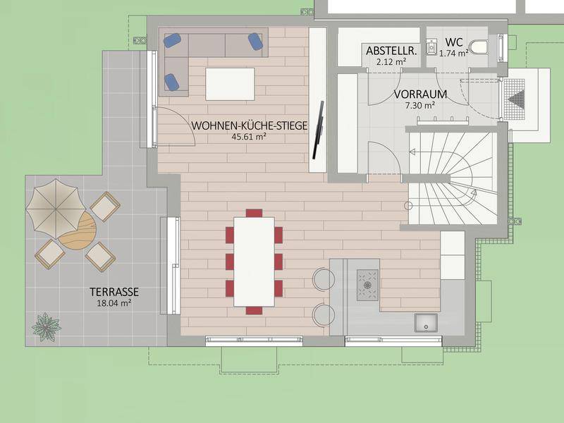 Grundriss des Erdgeschosses mit offenem Wohn-Kochbereich, Gäste-WC und Zugang zur Terrasse.