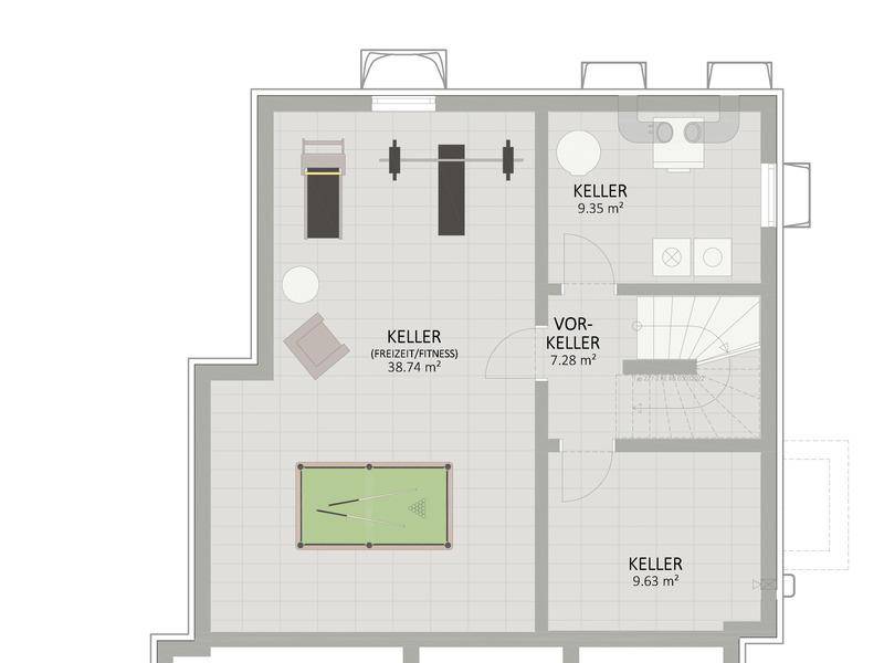Grundriss des Kellers mit Freizeitbereich, Fitnessraum und Abstellräumen.