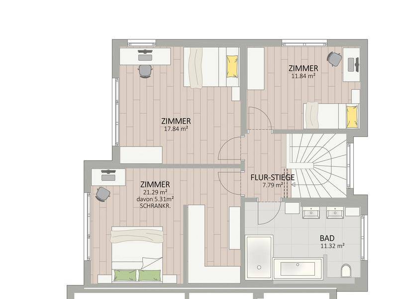 Grundriss des Obergeschosses mit drei Schlafzimmern und einem Badezimmer mit Badewanne.