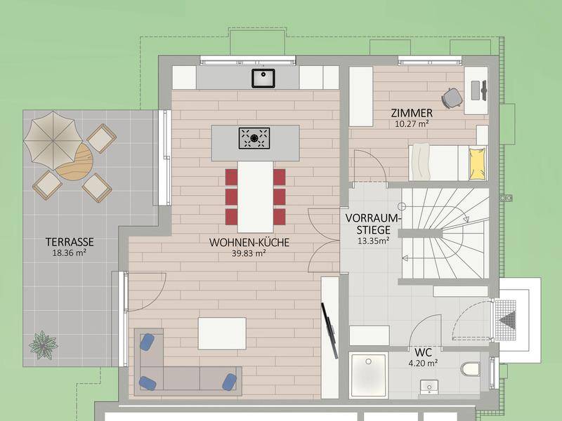 Grundriss des Erdgeschosses mit offener Wohnküche, Terrasse und Gäste-WC.