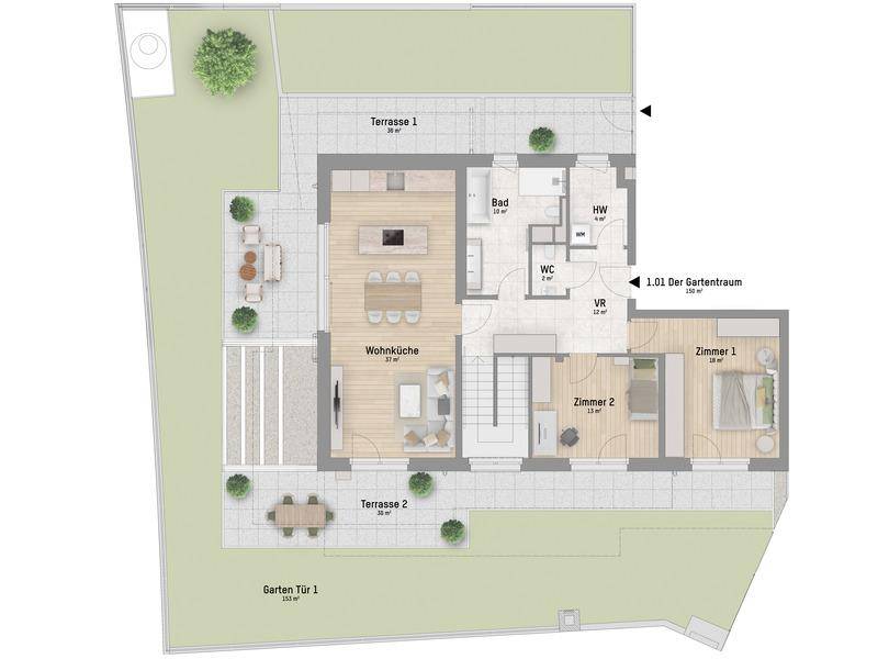 Grundriss des Erdgeschosses mit offener Wohnküche, zwei Schlafzimmern, zwei Bädern und zwei Terrassen mit Gartenzugang.