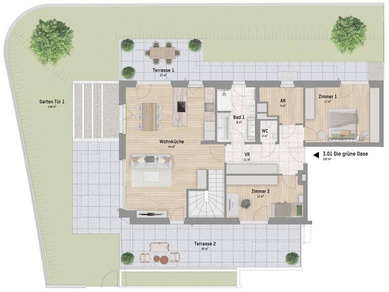 Grundriss des Erdgeschosses mit offener Wohnküche, zwei Schlafzimmern, zwei Terrassen und Garten.