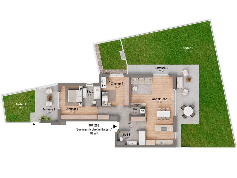 Dieser Grundriss zeigt eine moderne Wohnung mit offenem Wohn-Essbereich, zwei Bädern, zwei Schlafzimmern und großzügigen Terrassen sowie Gärten.