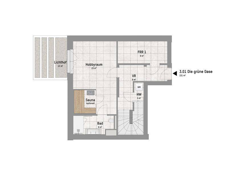 Grundriss des Untergeschosses mit Hobbyraum, Bad, optionaler Sauna und Lichtschacht.