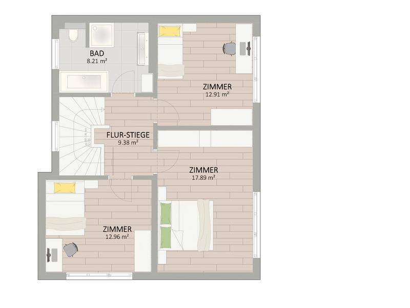 Grundriss des Obergeschosses mit drei Schlafzimmern, einem Badezimmer und Flur.