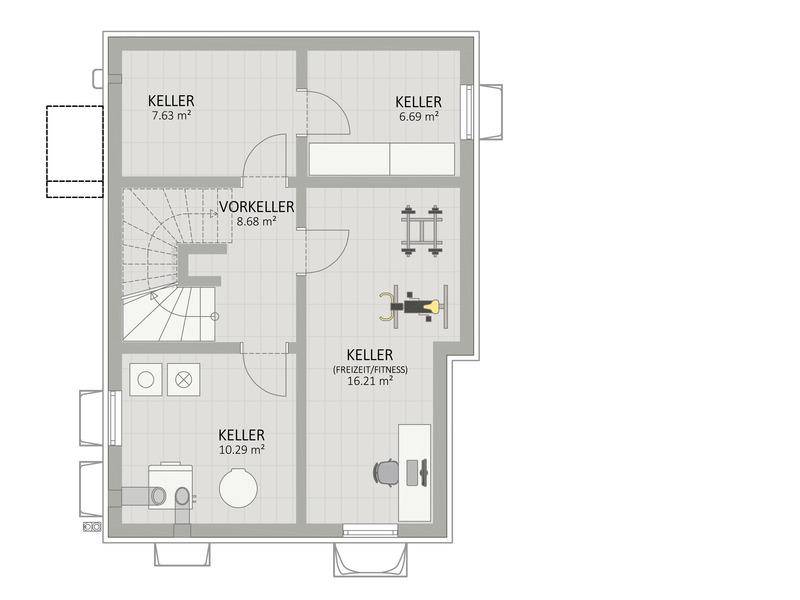 Grundriss des Kellers mit mehreren Abstellräumen und einem Bereich für Freizeit/Fitness.