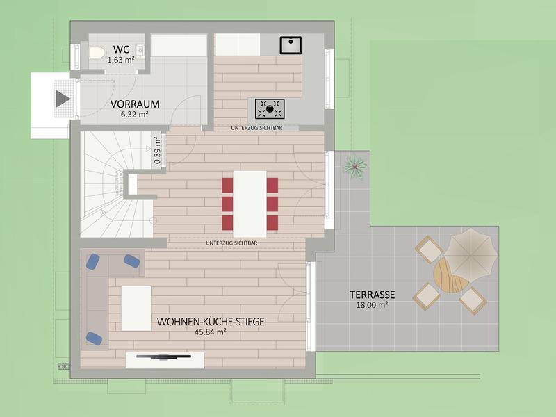 Grundriss des Erdgeschosses mit offenem Wohn-Küchenbereich, Gäste-WC und großer Terrasse.