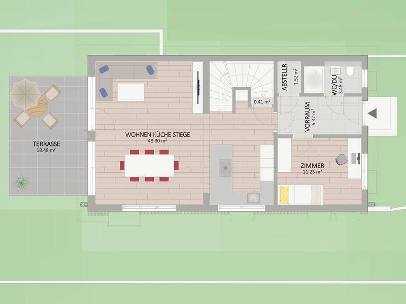 Grundriss des Erdgeschosses mit offenem Wohn-Küchenbereich, Gäste-WC und großer Terrasse.