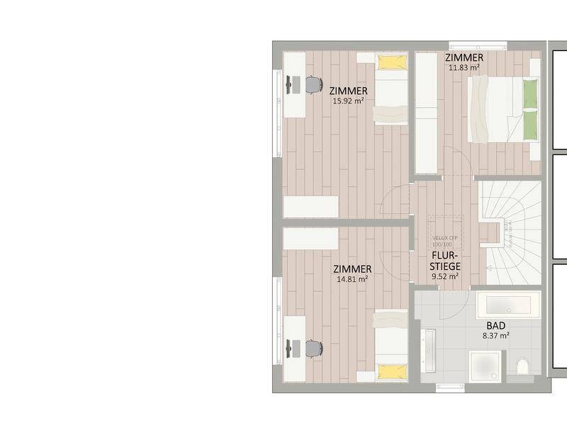 Grundriss des Obergeschosses mit drei Schlafzimmern und einem Badezimmer.