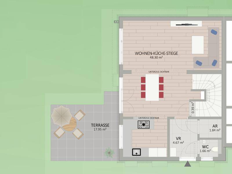 Grundriss des Erdgeschosses mit offenem Wohn-Küchenbereich, Terrasse und Gäste-WC.