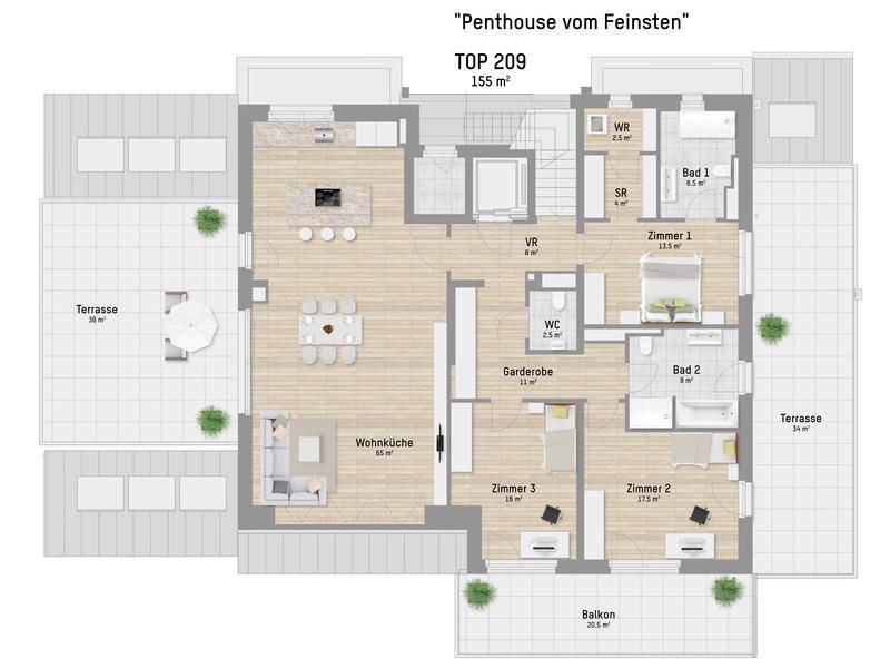 Detaillierter Grundriss eines Penthouses mit 155 m² Wohnfläche und mehreren Terrassen.