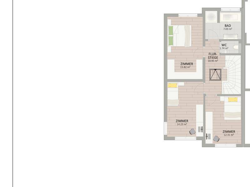 Grundriss des Obergeschosses mit drei Schlafzimmern, einem Badezimmer und separatem WC.