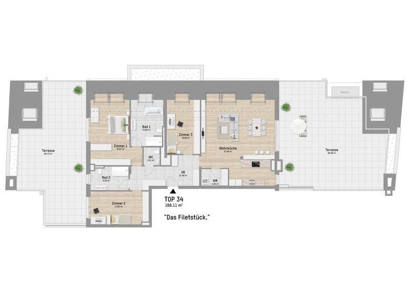 Detaillierter Grundriss der Wohnung TOP 34 mit mehreren Zimmern und großen Terrassenflächen.