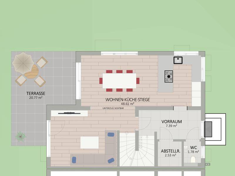 Grundriss des Erdgeschosses mit offenem Wohn-Küchenbereich, angrenzender Terrasse und Gäste-WC.