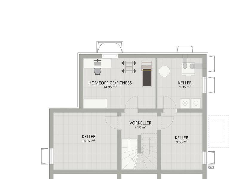 Grundriss des Untergeschosses mit mehreren Kellerabteilen, einem Homeoffice und Fitnessbereich.