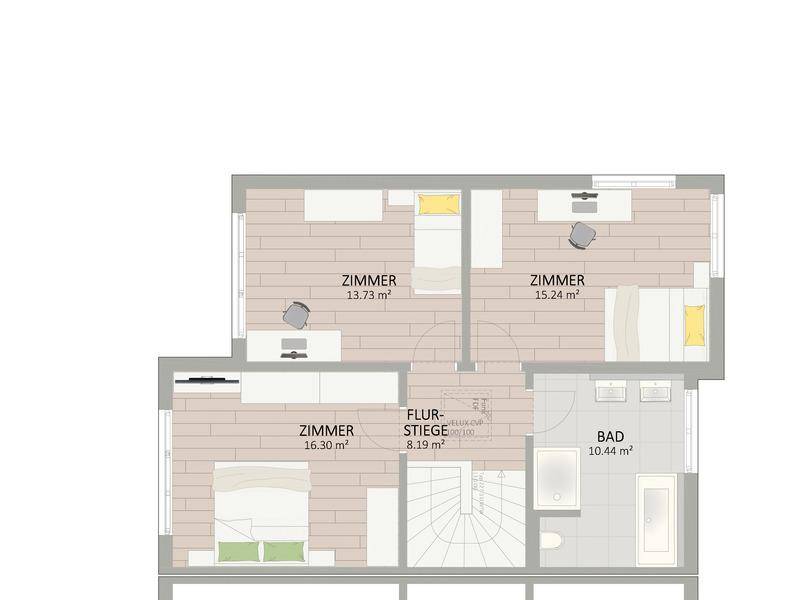 Grundriss des Obergeschosses mit drei Schlafzimmern und einem Badezimmer, ausgestattet mit Badewanne und Dusche.