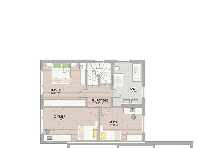 Grundriss des Obergeschosses mit drei Schlafzimmern und einem Badezimmer.
