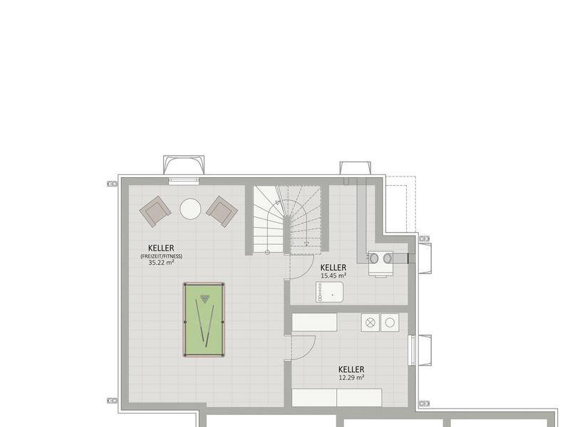 Grundriss des Kellers mit Freizeitbereich und Abstellräumen.