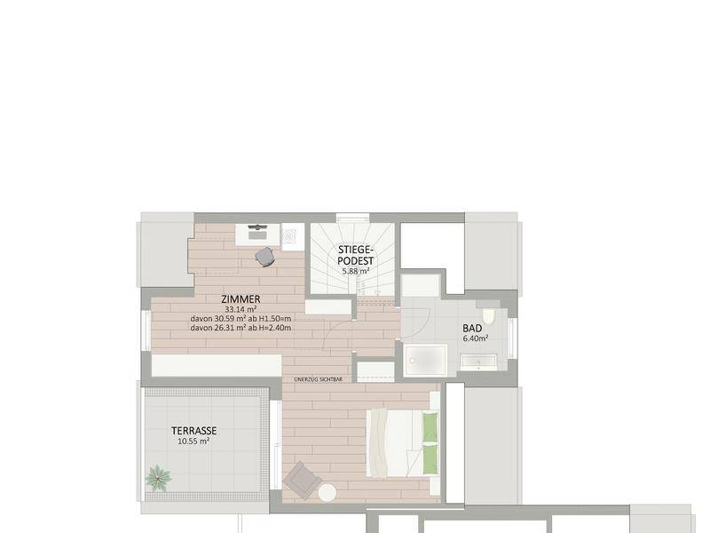 Grundriss des Dachgeschosses mit einem Zimmer, Bad und Dachterrasse.