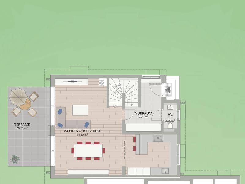 Grundriss des Erdgeschosses mit offenem Wohn-Essbereich, Küche und großer Terrasse.