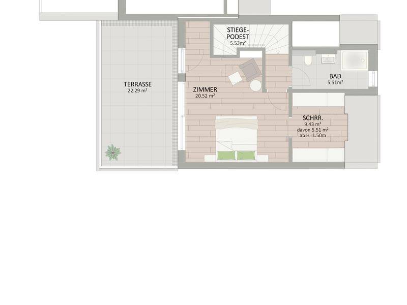 Grundriss des Dachgeschosses mit Schlafzimmer, Bad und großer Dachterrasse.