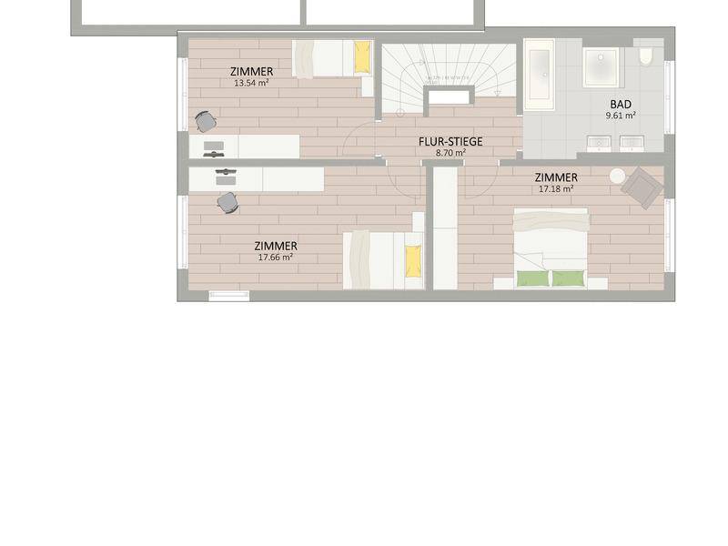 Grundriss des Obergeschosses mit drei Schlafzimmern und einem Badezimmer.