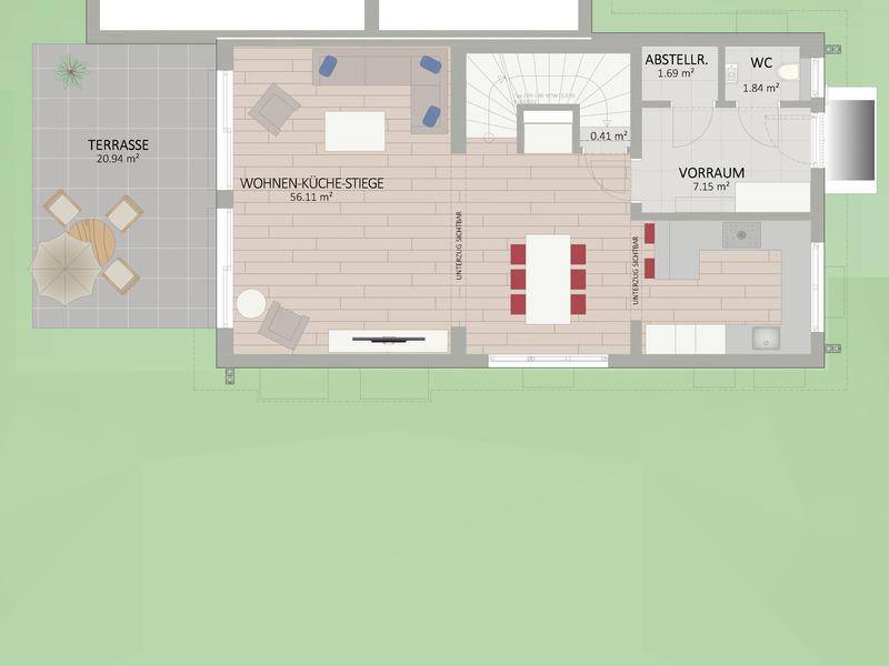 Grundriss des Erdgeschosses mit offenem Wohn-Kochbereich, Gäste-WC und Zugang zur Terrasse.
