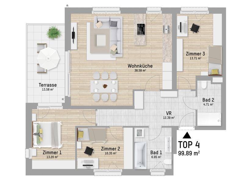 Grundriss der Wohnung TOP 4 mit Wohnküche, drei Schlafzimmern und großer Terrasse.