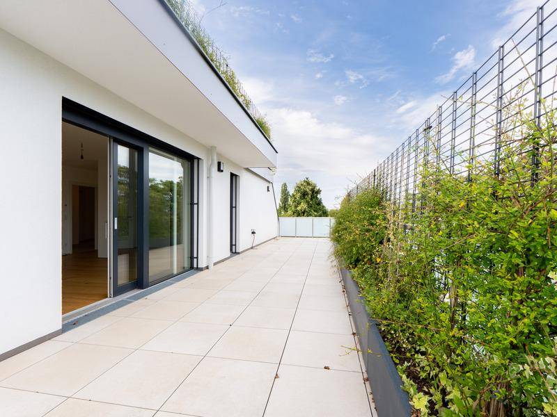 Geräumige Terrasse mit Fliesenboden und begrünten Rankgittern für Privatsphäre.