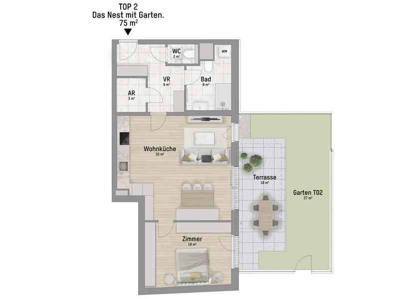 Grundriss von TOP 2 mit Wohnküche, Schlafzimmer, Bad, WC, Terrasse und Garten.