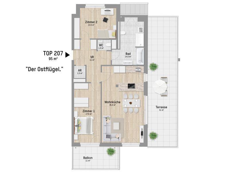 Detaillierter Grundriss der Wohnung TOP 207 mit offener Wohnküche, Terrasse und Balkon.