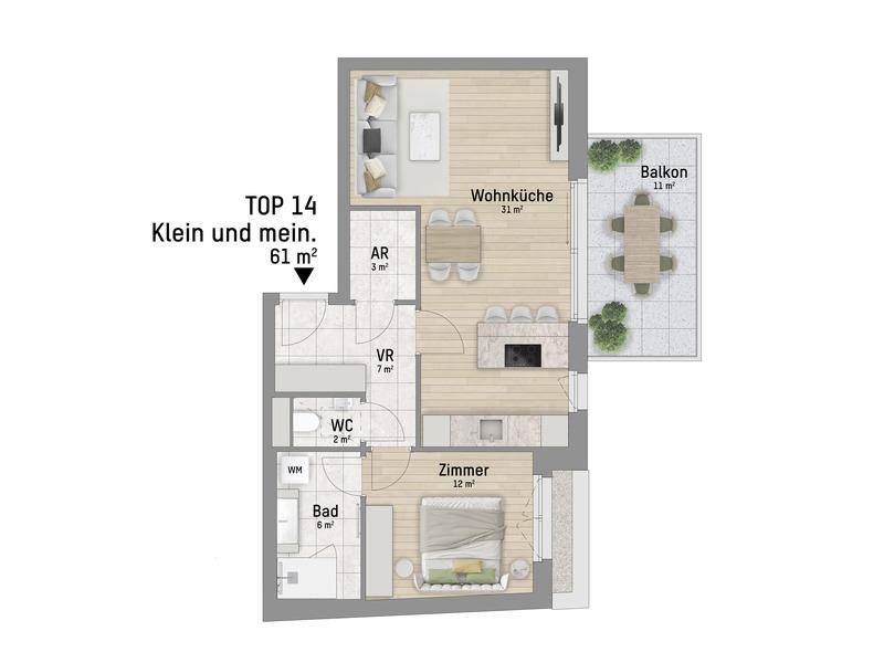 Grundriss der Wohnung TOP 14 mit offener Wohnküche, Schlafzimmer und großem Balkon.