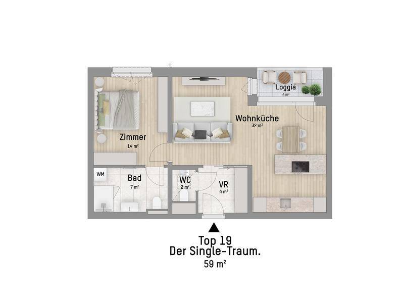 Grundriss einer modernen Wohnung mit einem Schlafzimmer, offener Wohnküche, Bad und Loggia.