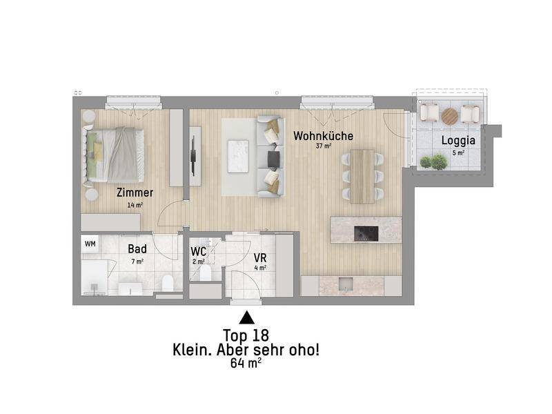Grundriss der Einheit Top 18 mit offener Wohnküche, Schlafzimmer, Bad, WC und Loggia.