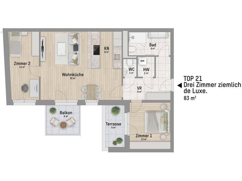 Grundriss der Wohnung TOP 21 mit drei Zimmern, offener Wohnküche, Balkon und Terrasse.