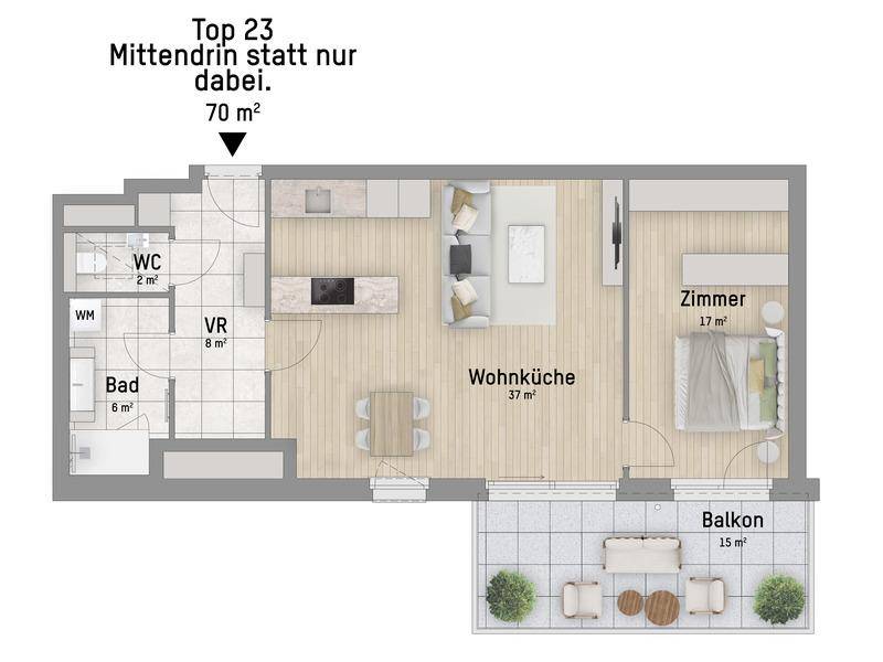 Grundriss einer Wohnung mit offener Wohnküche, Schlafzimmer, Bad, WC und Balkon.