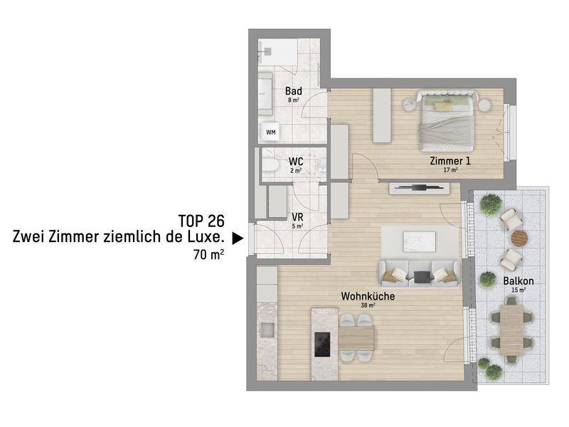 Grundriss einer Zwei-Zimmer-Wohnung mit offener Wohnküche, Bad, WC und Balkon.