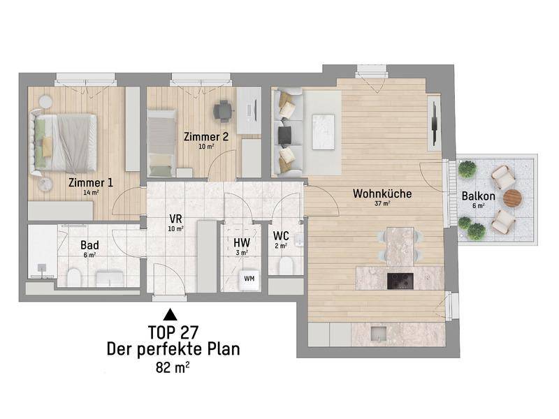 Detaillierter Grundriss einer 82 m² Wohnung mit zwei Schlafzimmern, offener Wohnküche und Balkon.