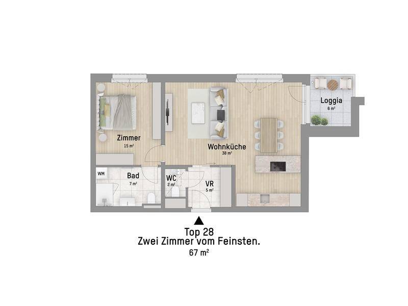 Grundriss einer Wohnung mit einem Schlafzimmer, Wohnküche, Bad und Loggia.