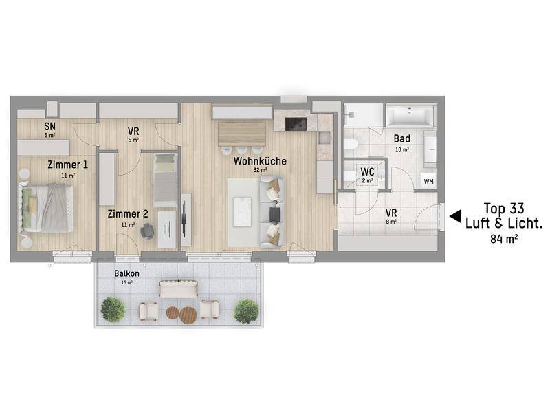Grundriss einer 84 m² Wohnung mit zwei Zimmern, Wohnküche und Balkon.