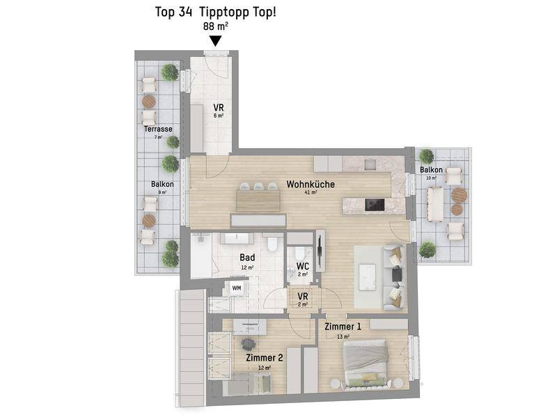 Grundriss einer 88 m² Wohnung mit Wohnküche, zwei Zimmern, Bad und zwei Balkonen sowie Terrasse.