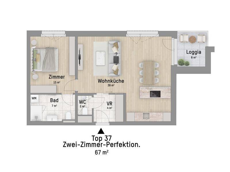 Grundriss einer Zwei-Zimmer-Wohnung mit offener Wohnküche, Schlafzimmer, Bad, WC und Loggia.